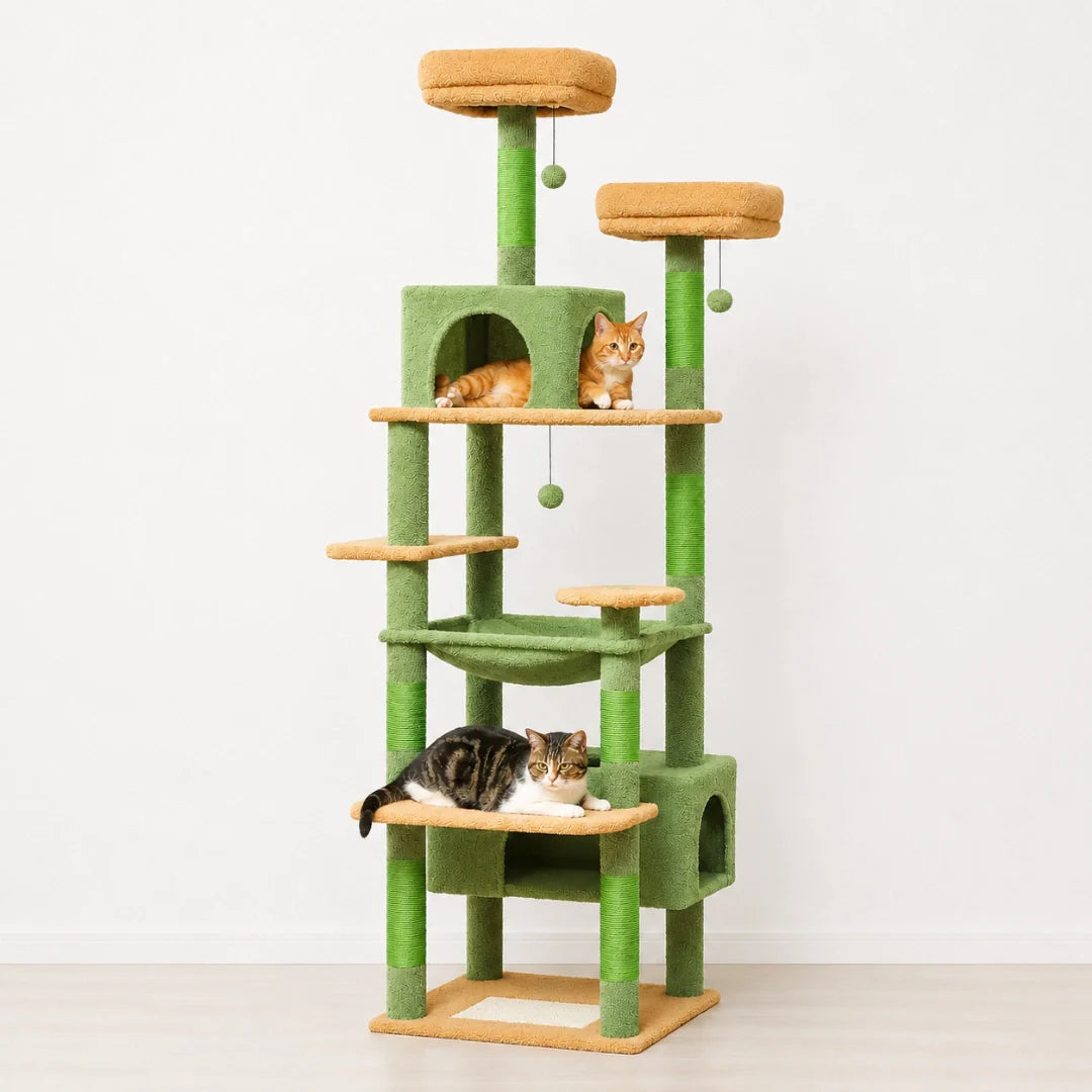 Multiple cats lounging on a 143 cm tall beige cat tower with a ladder and integrated hideaway condos.