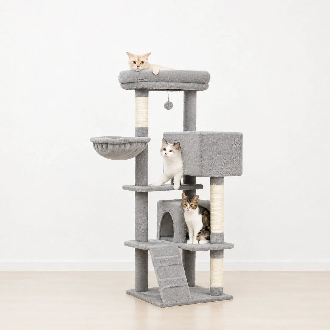 Three cats relaxing on a 154 cm tall grey multi-level cat tree with an integrated ramp, hideaways, and plush platforms.