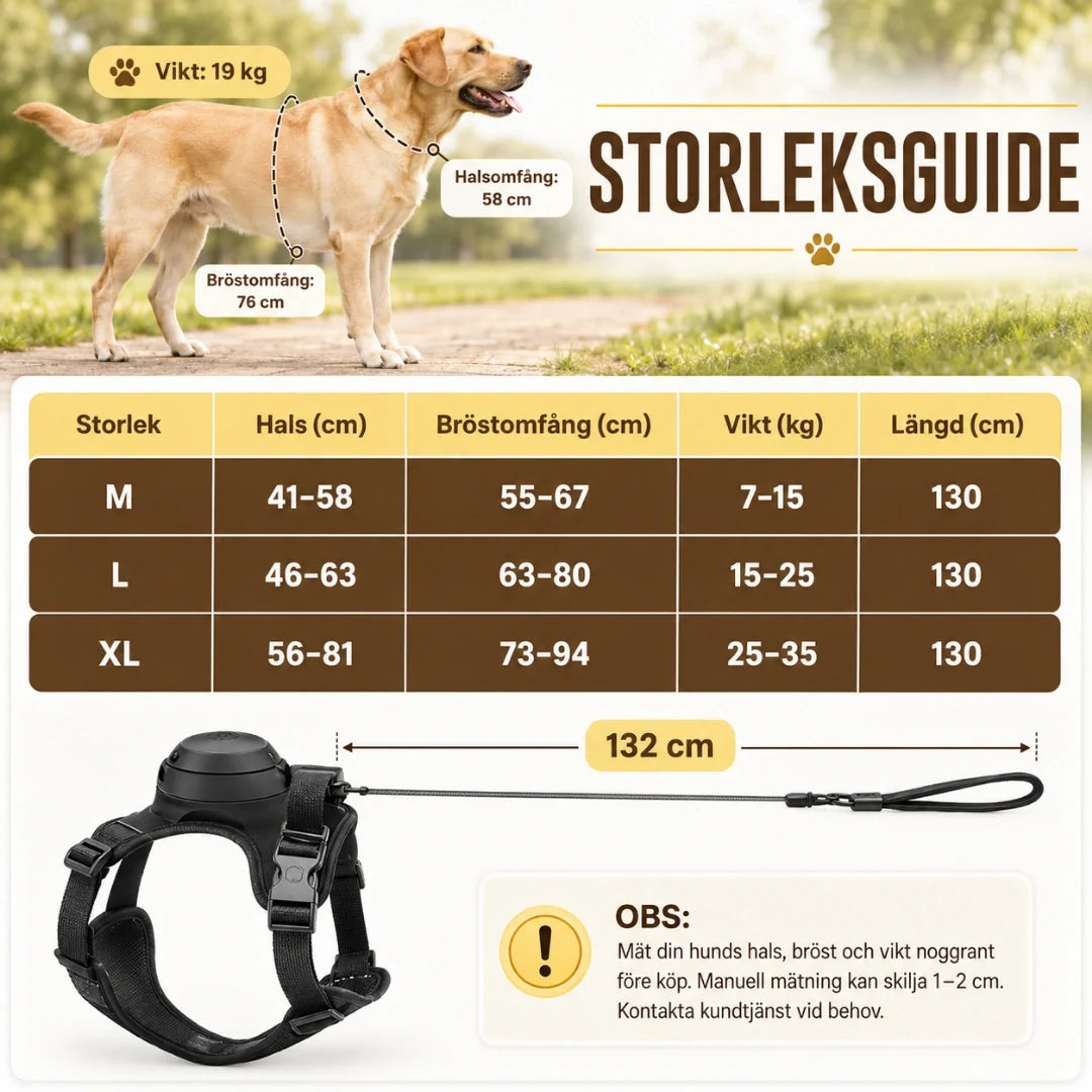 Size guide Dog harness with built-in retractable lead - Petifo