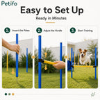 A close-up showing the adjustable height feature and easy-lock mechanism of the Petifo dog jump hurdle.