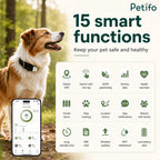 A dog wearing the Petifo tracker next to a smartphone displaying the companion app and a grid of 15 smart functions, including global GPS and activity data.