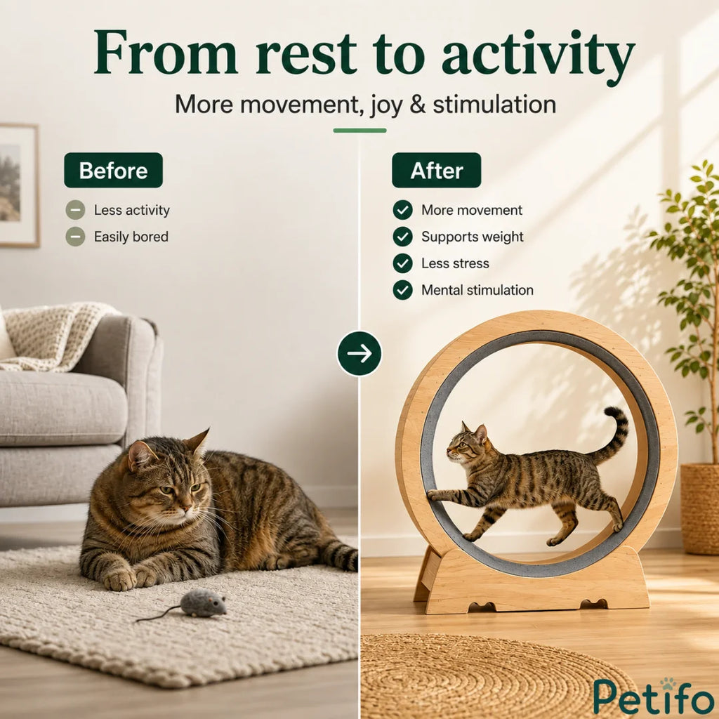 Before-and-after comparison showing an inactive cat resting on a rug versus an active tabby cat running on a cat exercise wheel.