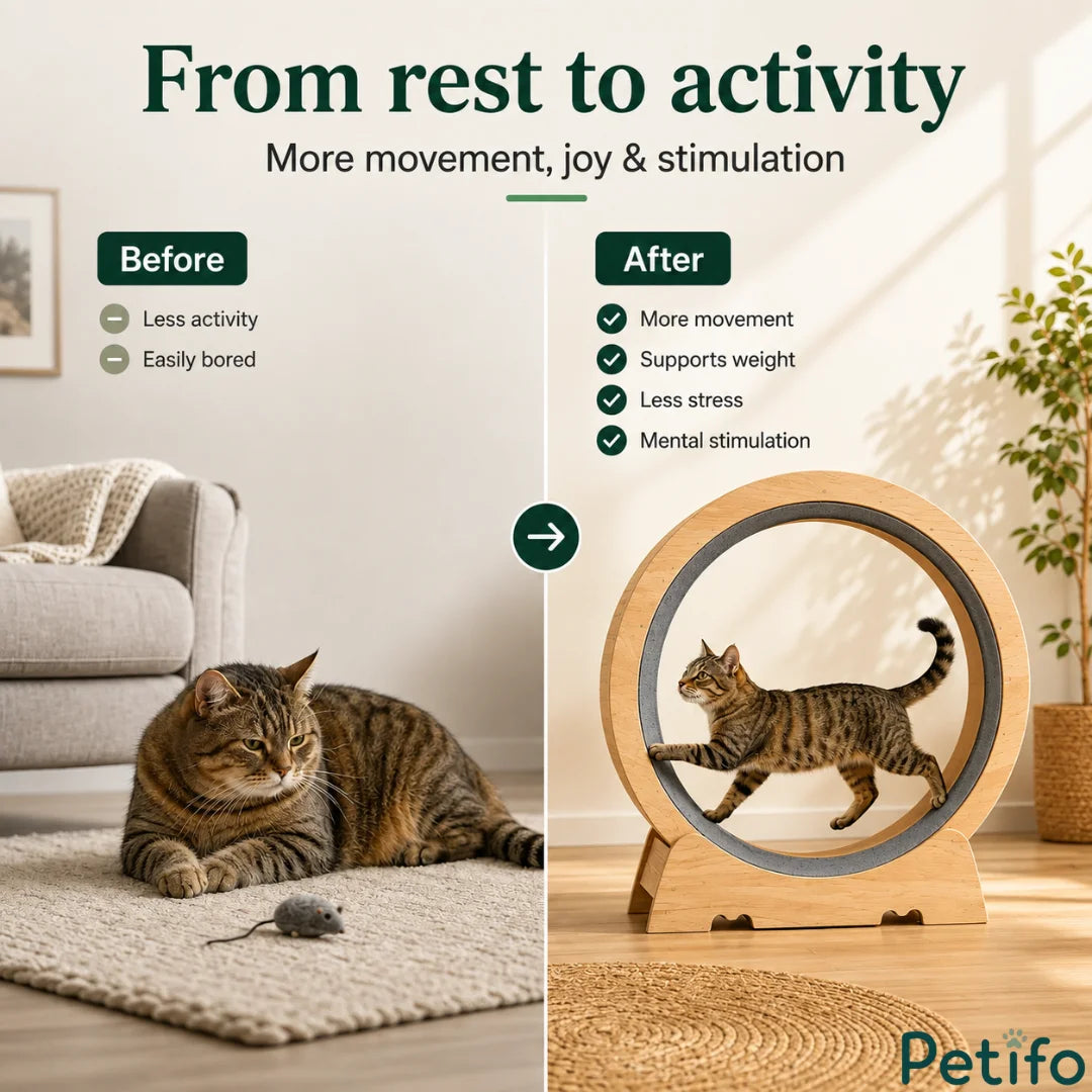 Before-and-after comparison showing an inactive cat resting on a rug versus an active tabby cat running on a cat exercise wheel.