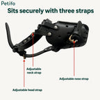 Close-up of the black leather dog muzzle showcasing the adjustable nose, head, and neck straps.