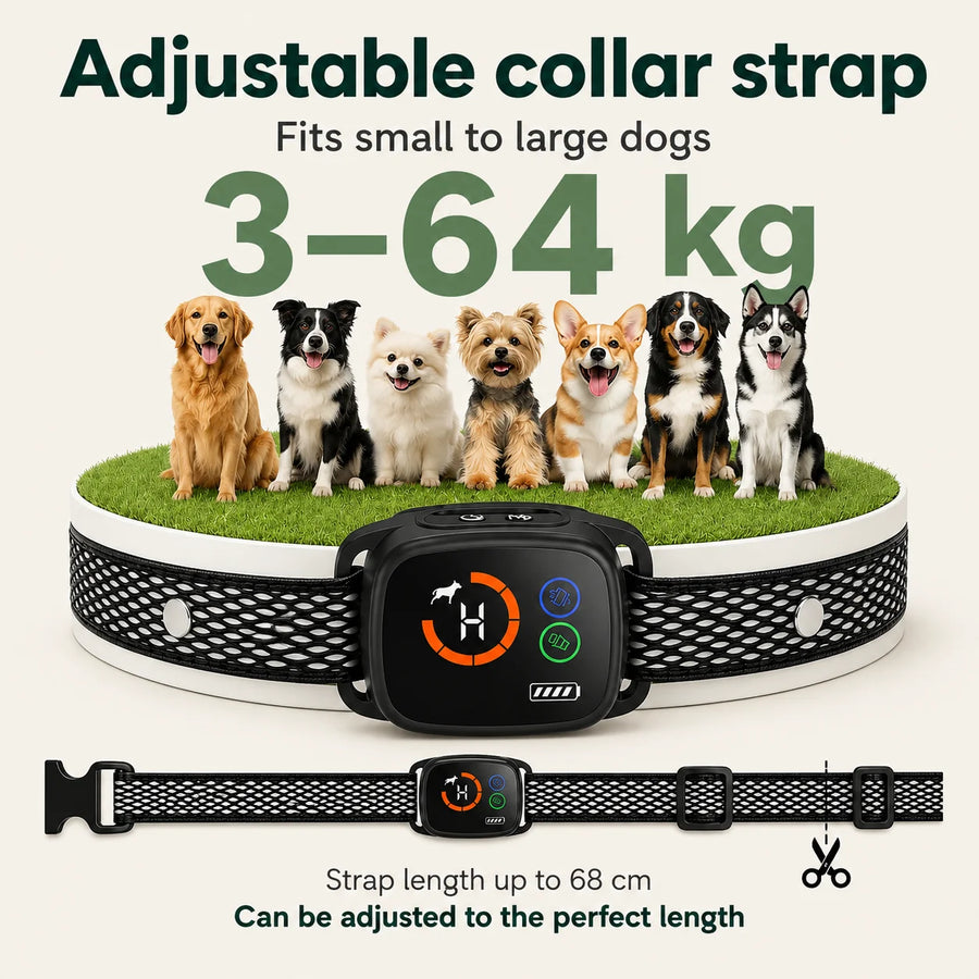 Collier anti-aboiement ChewUp réglable adapté aux chiens de petite à grande taille pesant de 3 kg à 64 kg.