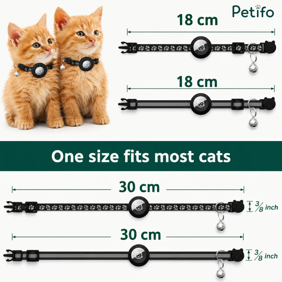 Infographie du guide des tailles indiquant des dimensions réglables de 18 cm à 30 cm, montrant qu’une taille unique convient à la plupart des chats.