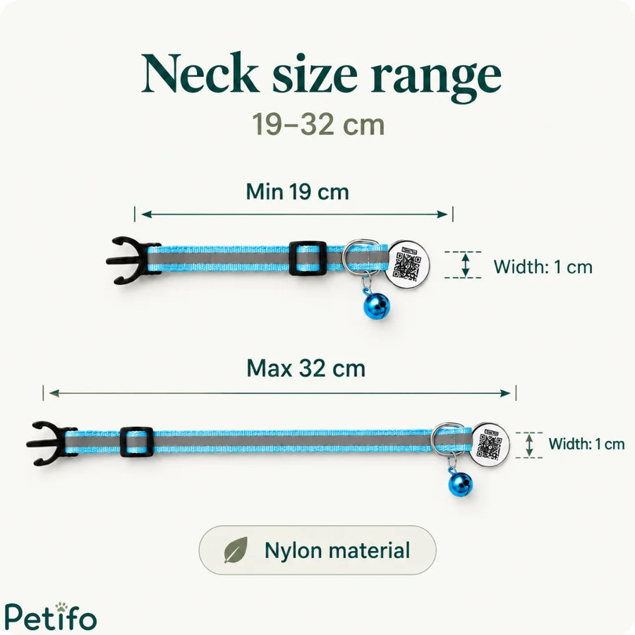 Infographie présentant la plage de taille réglable du tour de cou en nylon, de 19 à 32 centimètres, et une largeur de 1 centimètre pour le collier du chat.