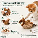 An instructional graphic titled "How to start the toy" showing step-by-step activation of the Petifo bird toy via a button on its back, paired with an orange-and-white cat interacting with it.