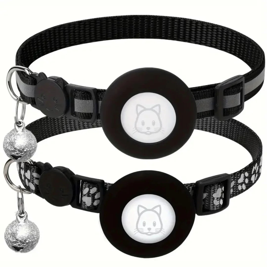 Black patterned cat collars equipped with protective tracker holders and quick-release breakaway clasps.