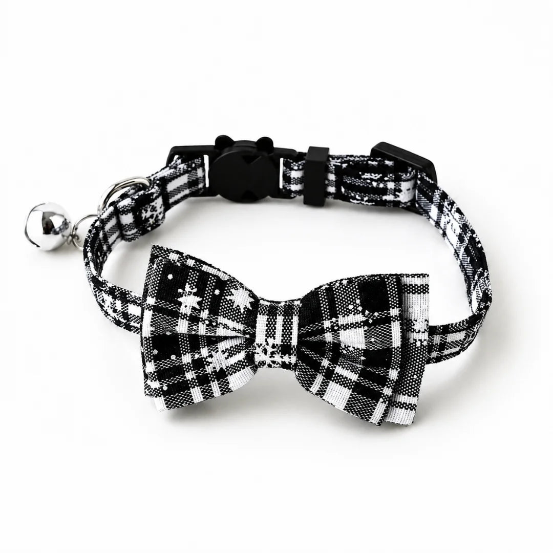 Black and white plaid Christmas breakaway cat collar with a bow tie and bell.