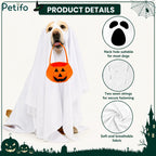 Informational graphic detailing key product features of the dog ghost costume including breathable fabric, secure neck holes, and fastening strings.