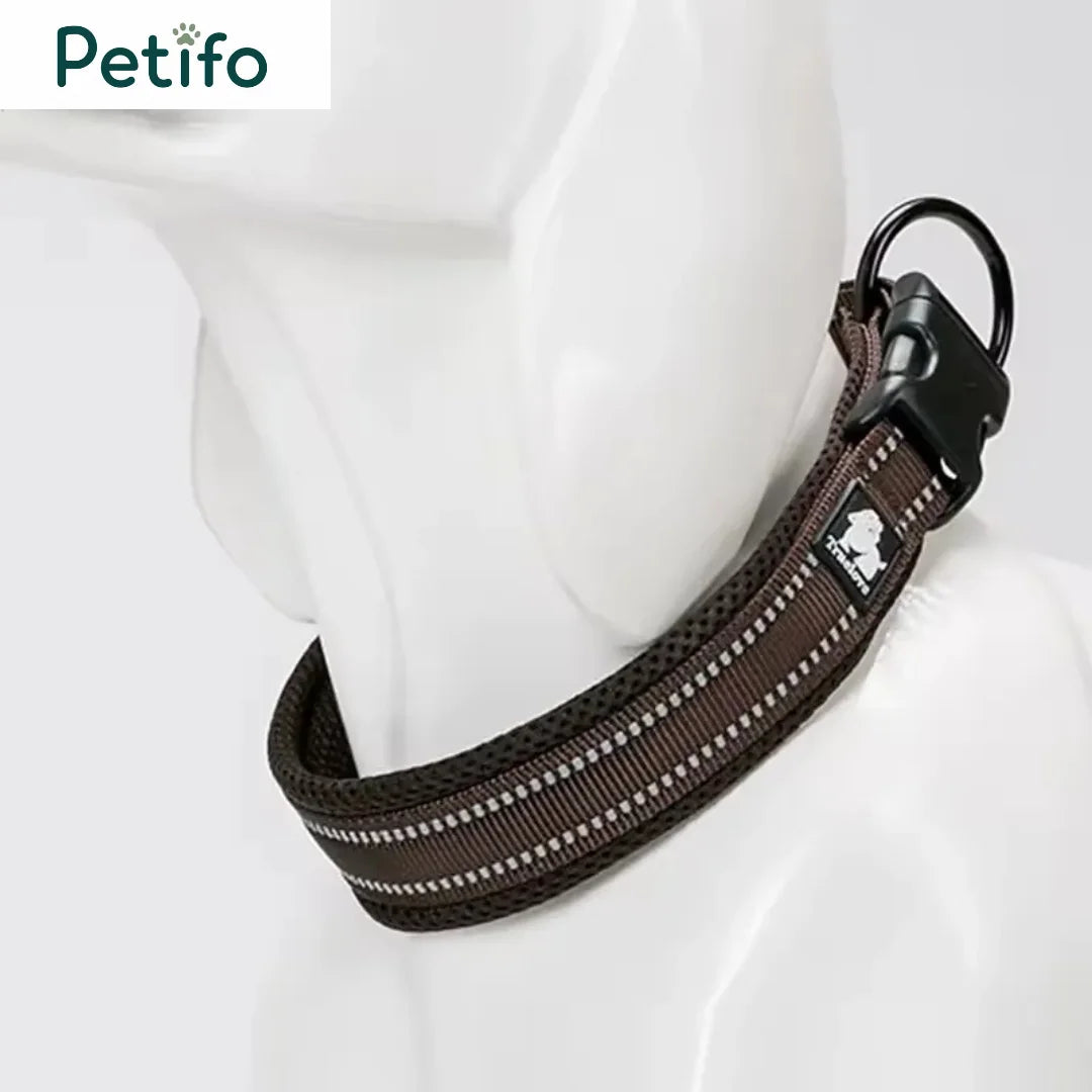 A Petifo brown breathable mesh dog collar displayed on a white mannequin neck, featuring a durable black buckle and reflective stitching.