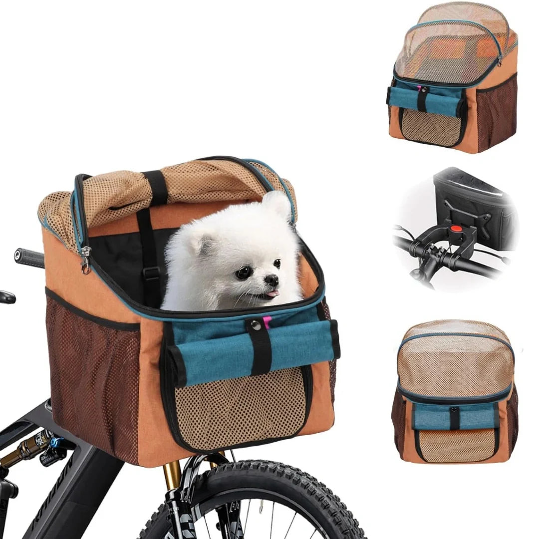 Petifo brown and blue multifunctional pet bike basket and carrier shown mounted on a bicycle with a small white dog inside, alongside smaller thumbnail views displaying its handlebar mount, top mesh, and front profile.