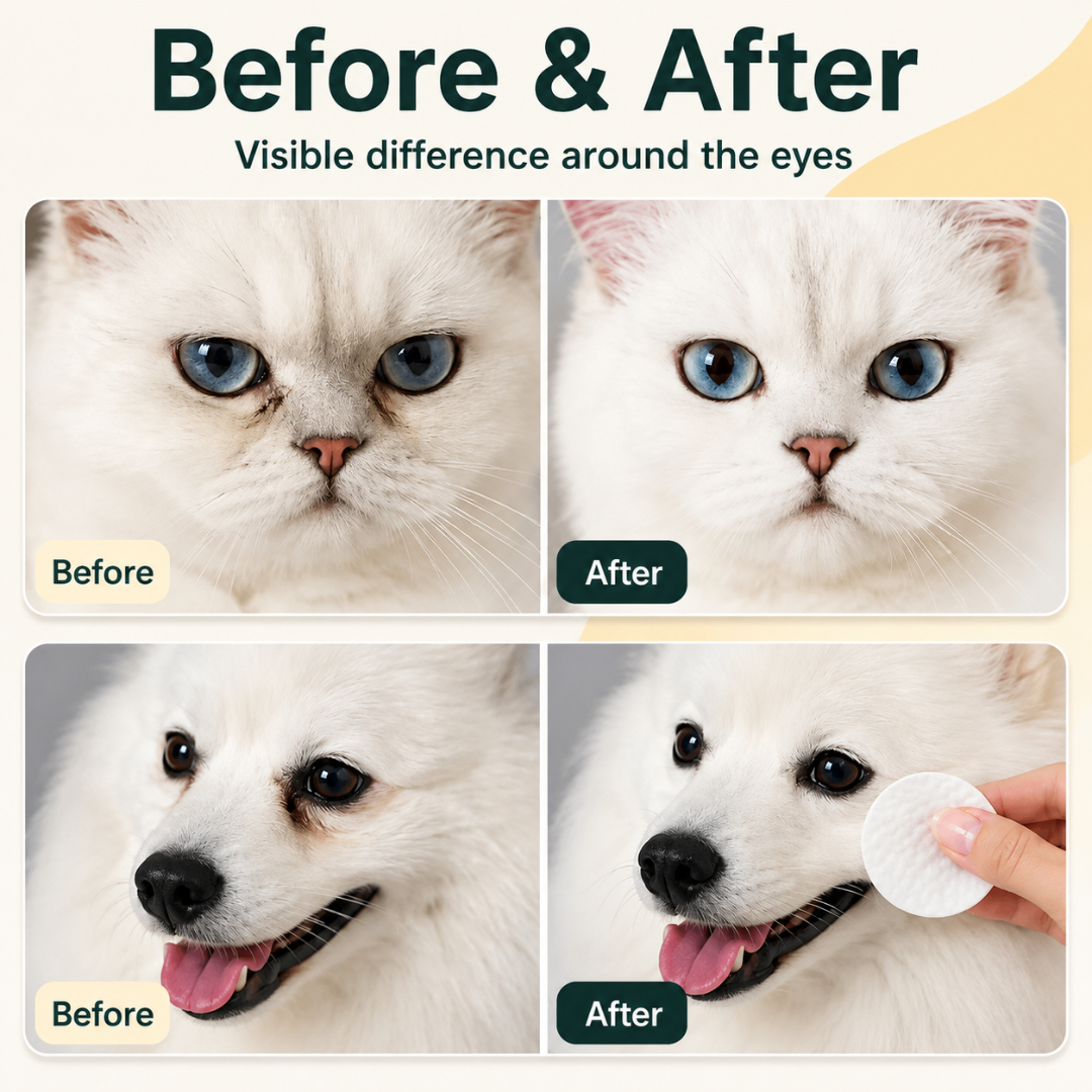 A before-and-after comparison infographic featuring a white cat and a white dog, demonstrating the visible reduction of tear stains and eye discharge after using the product.