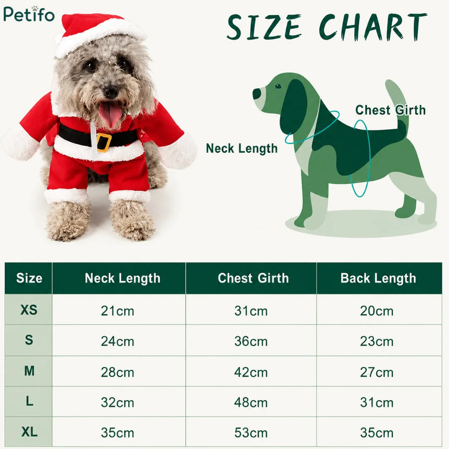 Guide des tailles pour un costume de Père Noël pour chien avec mesures du cou, du poitrail et du dos.