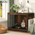 A wooden Petifo dog crate furniture piece with metal bars, housing two dogs in a cozy, stylish living room setting.