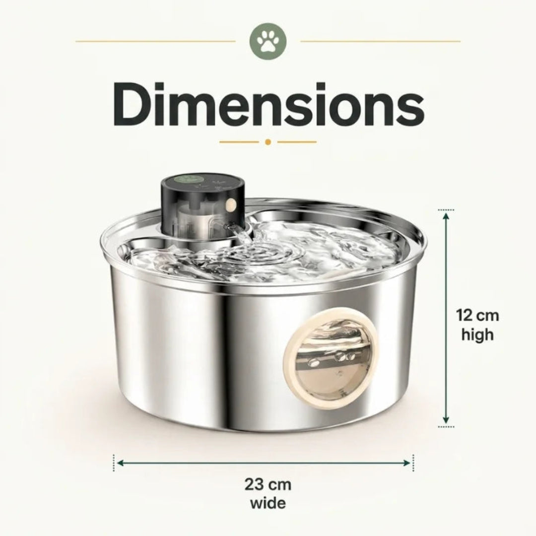 Technical product diagram outlining the exact dimensions of the stainless steel pet fountain, measuring 23 cm wide and 12 cm high.