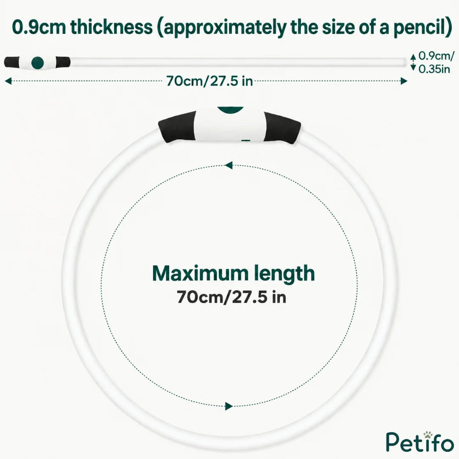 Schéma des dimensions et de la taille du collier lumineux pour chien indiquant une longueur maximale de 70 cm et une épaisseur de 0,9 cm.
