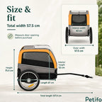 Size and dimension specifications overlay diagram for the grey and orange dog bike trailer showing width, height, and length measurements.