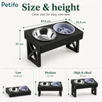 Dimensions diagram showing height adjustments for Petifo elevated dog feeder stand