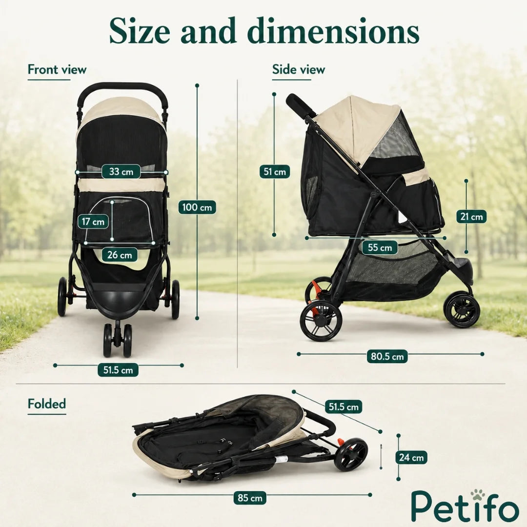 Front, side, and folded size dimensions diagram of the Petifo stroller.