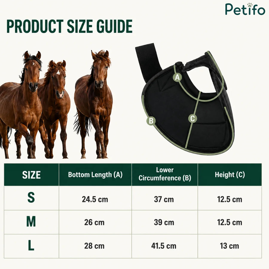 Tableau guide des tailles du produit avec les dimensions des cloches pour chevaux petites, moyennes et grandes