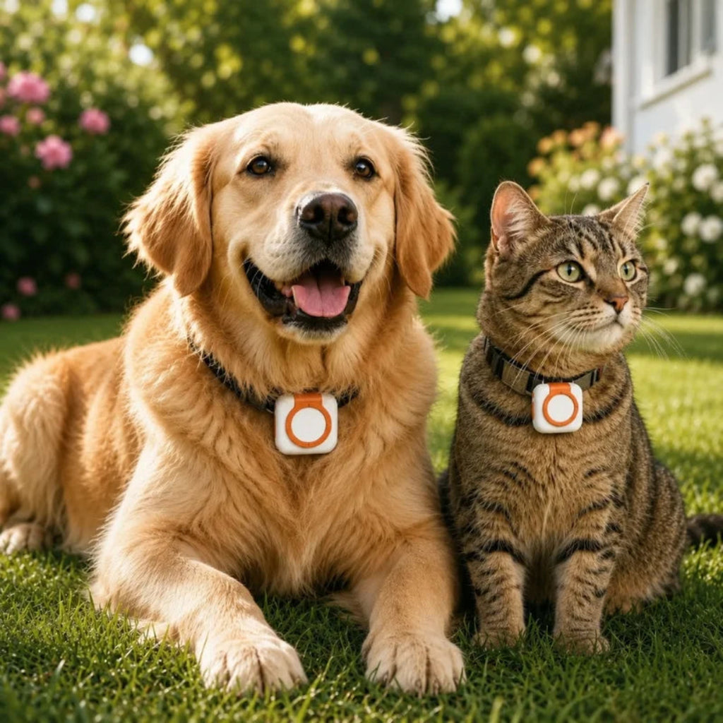 Dog and cat wearing GPS tracker collars outdoors for live pet tracking and safety
