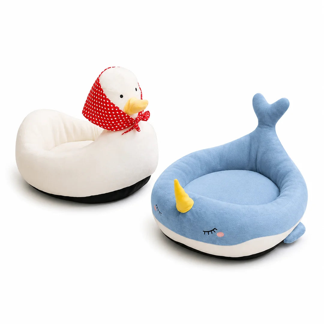 Petifo duck and blue narwhal plush pet beds showcased side by side on a clean white background.