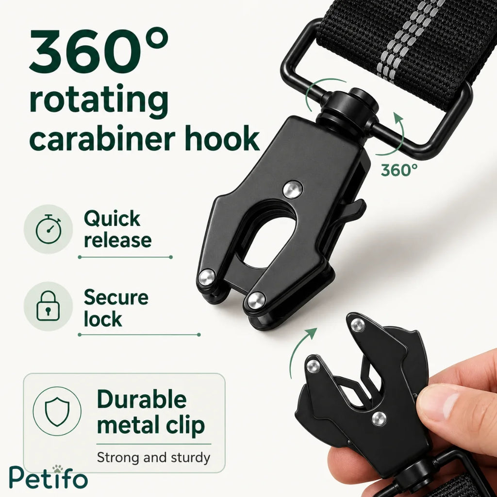 Close-up view of the durable 360-degree rotating metal carabiner hook with a quick-release and secure locking system.