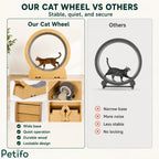 Comparison graphic highlighting the features of the Petifo cat wheel against other brands, including wide base, quiet operation, and durable wood.