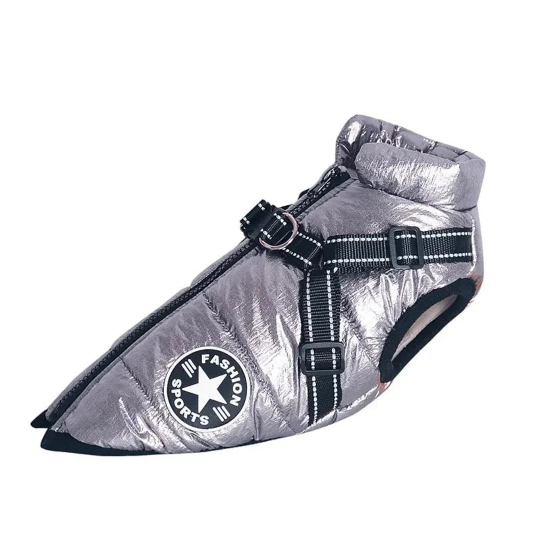 Metallic silver winter dog jacket with a warm fleece lining and reflective harness straps.