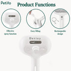 A product functions overview highlighting the effective spray function, easy filling, and rechargeable design of the Petifo grooming brush.