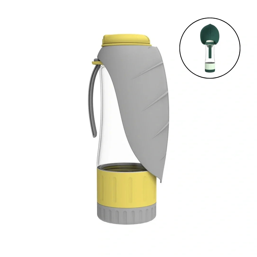 Gray and yellow Petifo portable dog water bottle with a leaf-shaped bowl displayed against a white background.