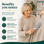 Promotional lifestyle graphic highlighting key benefits such as saving time, keeping clothes fresh, reducing stress, and being perfect for home and travel.