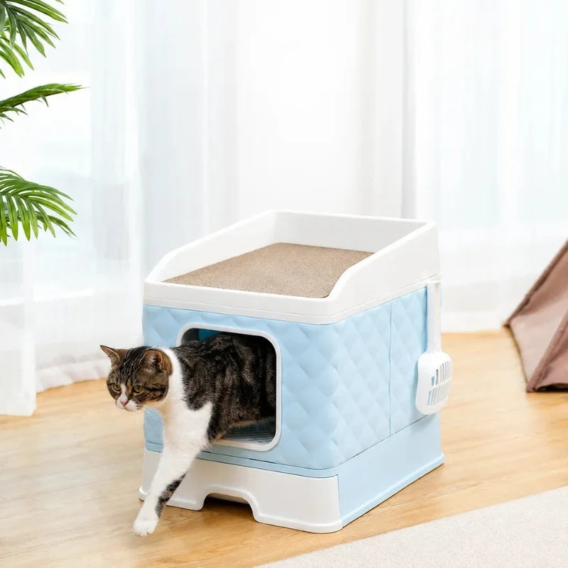 Petifo light blue quilted cat litter box with an integrated top-mounted scratching pad and side scoop.