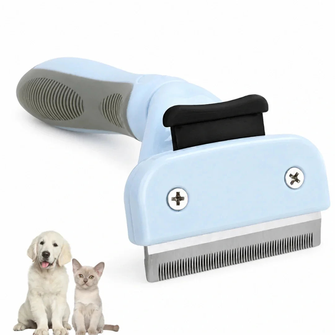 Light blue pet deshedding tool with a comfortable grey rubber grip handle next to a puppy and kitten.