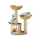 Arbre à chat en bois naturel avec panier et niche