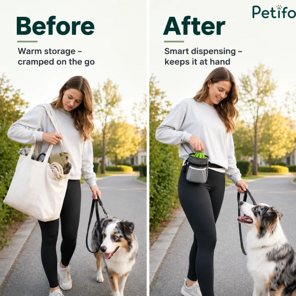 A comparison showing a messy tote bag versus an organized dog treat dispensing pouch during a walk.