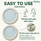 Step-by-step instructions for filling the cat water mat's inner pad with water and outer ring with air.