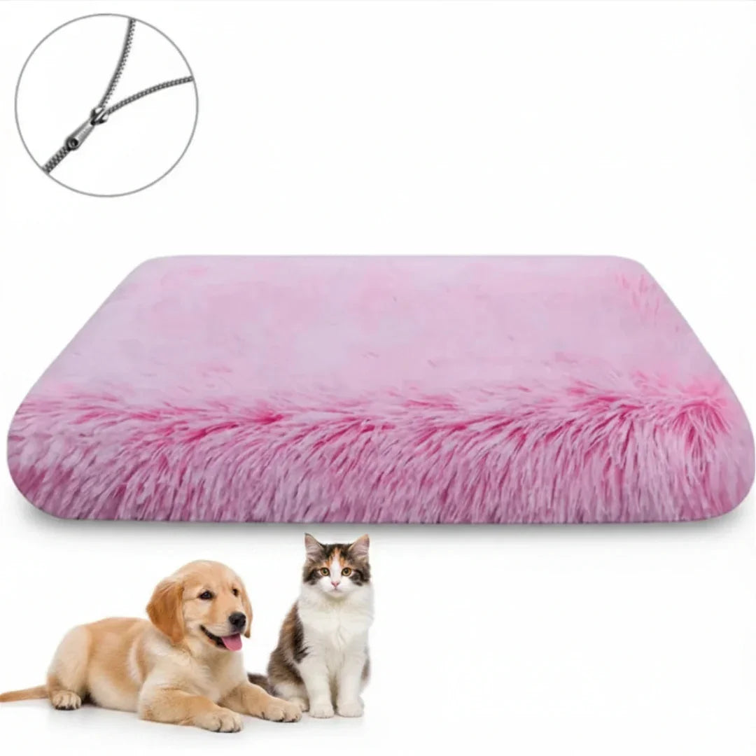 Pink rectangular plush pet bed featuring a detailed zipper inset alongside a puppy and kitten.
