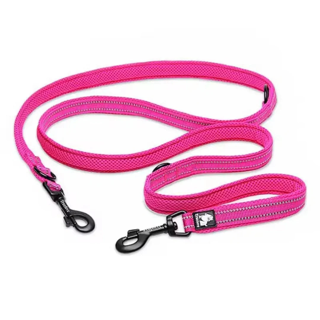 Pink Reflexfit multifunctional dog leash with dual black zinc alloy snap hooks and reflective stitching.