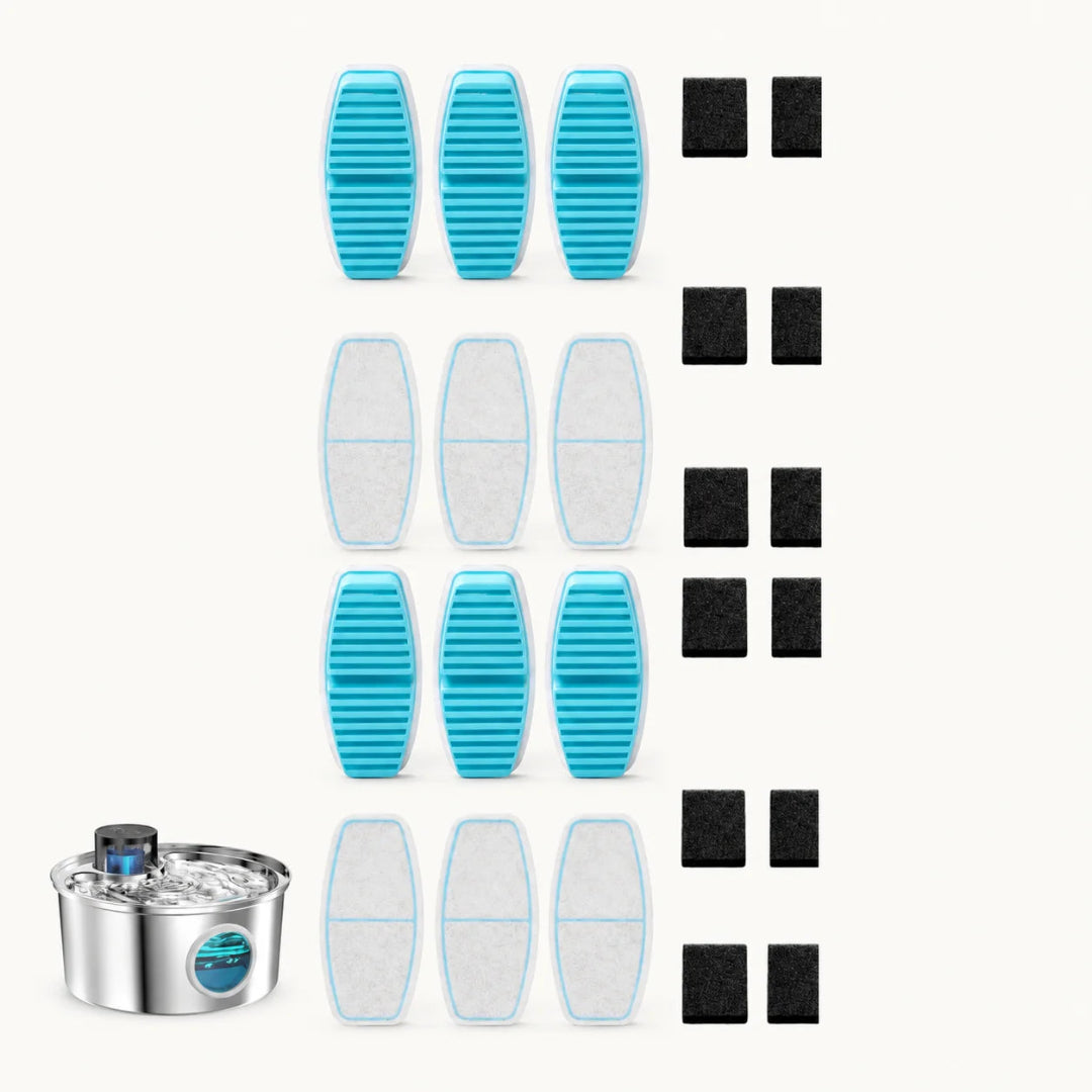 Product bundle shot of a 6-pack replacement filter kit with 12 black pre-filter sponges next to a stainless steel cat water fountain.