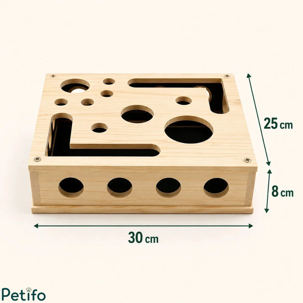 Product dimension infographic showing the 30 cm length, 25 cm width, and 8 cm height measurements of the wooden cat toy.