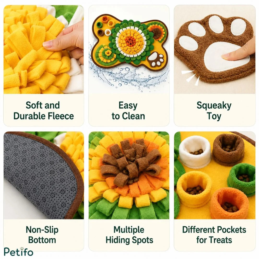 Product feature grid highlighting soft fleece, easy cleaning, a squeaky toy paw, a non-slip bottom, multiple hiding spots, and treat pockets.