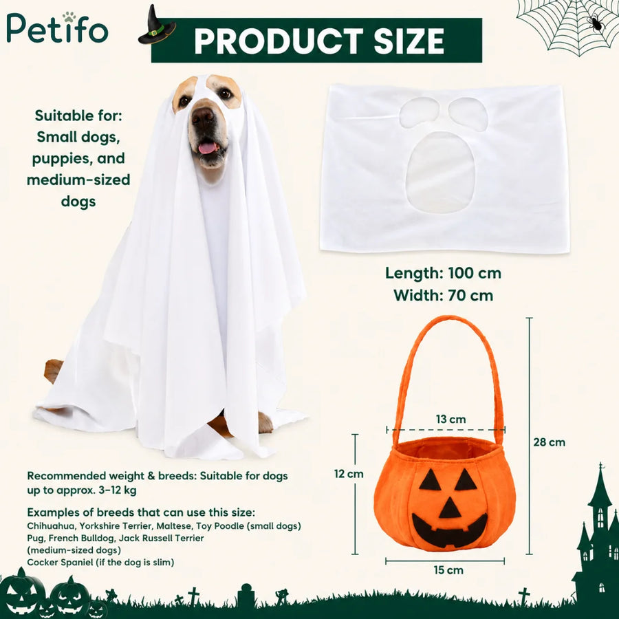 Schéma de mesure du produit indiquant la longueur, la largeur, les poids recommandés des animaux et les dimensions de la mignonne corbeille citrouille pour le costume de fantôme pour chien.