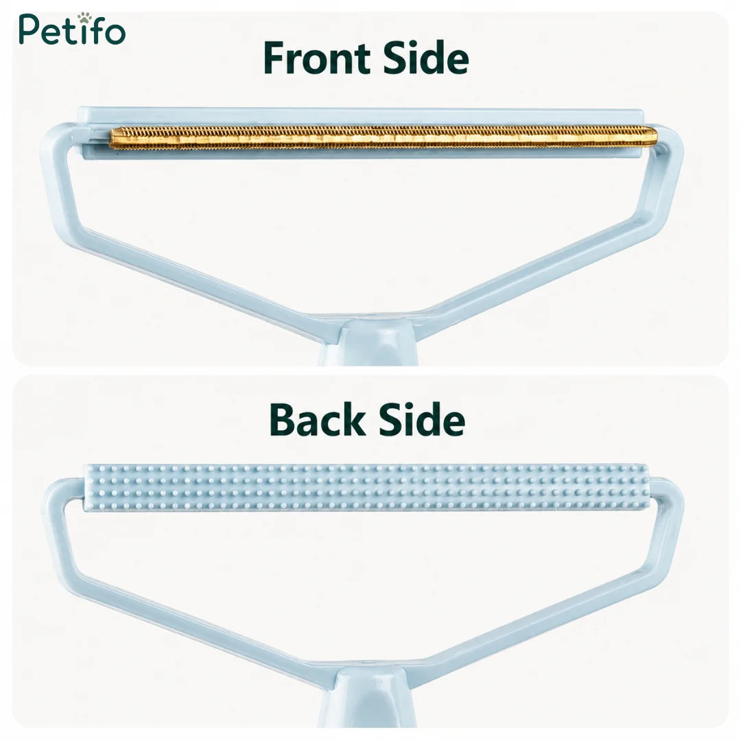 Close-up view of the pet hair remover tool showcasing the golden front scraping edge and the textured back side.