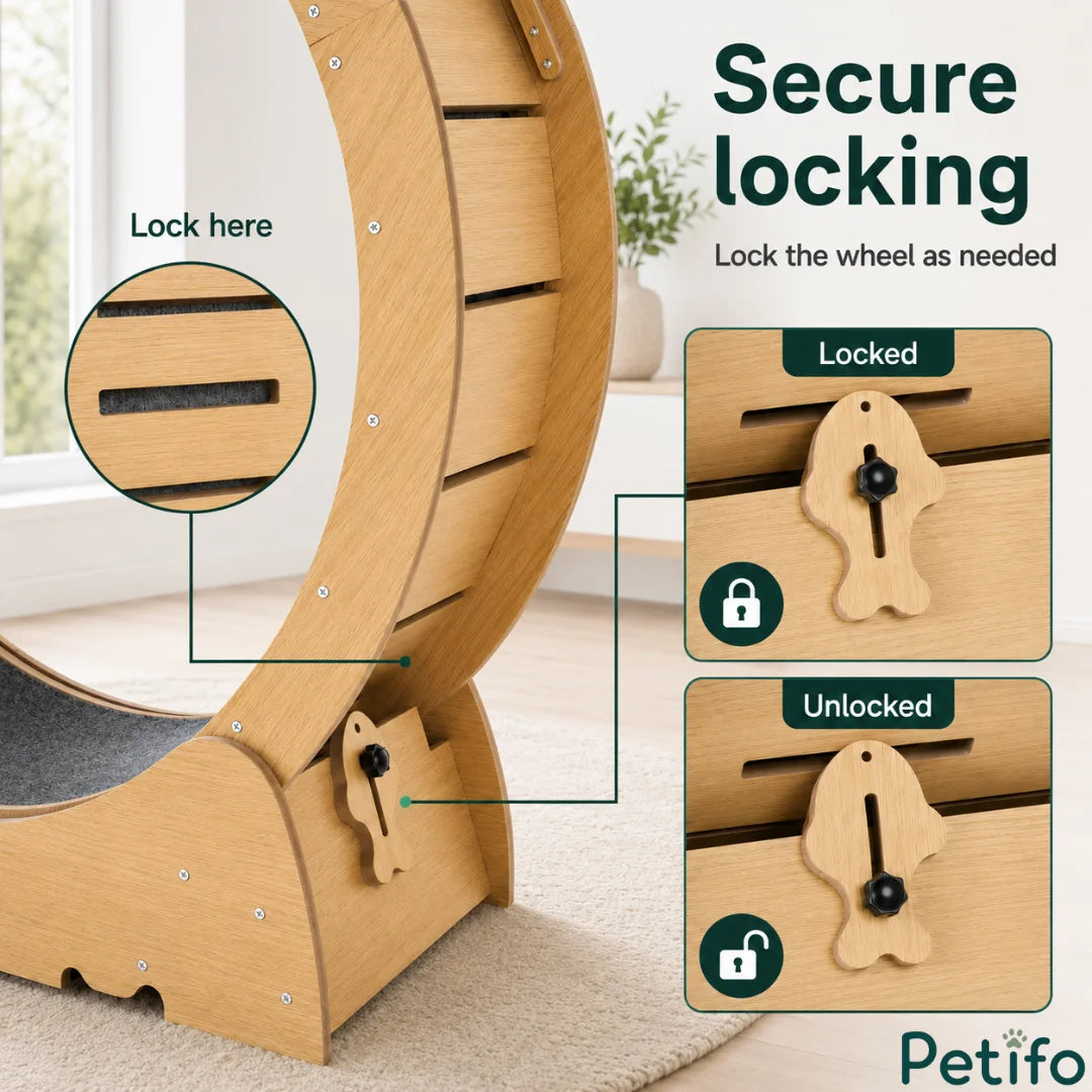 Detailed view of the secure locking mechanism on the Petifo cat wheel, showing locked and unlocked positions with a fish-shaped latch.