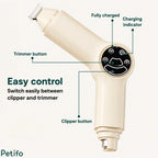 Control panel layout of the pet trimmer showing separate clipper and trimmer buttons alongside a charging indicator light.