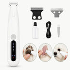 Professional pet grooming kit including a white trimmer, lubricating oil, USB-C charging cable, and a cleaning brush.