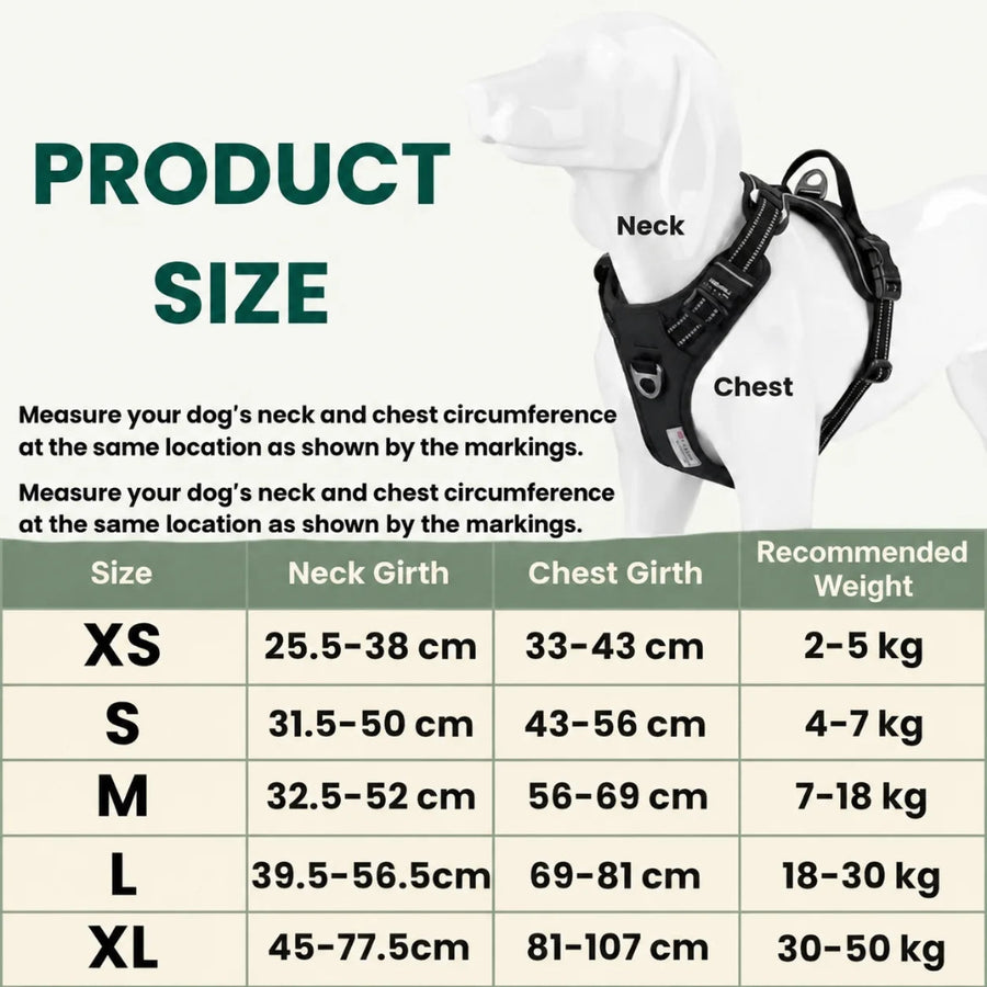 Tableau du guide des tailles de harnais pour chien indiquant les mesures des tailles XS à XL.